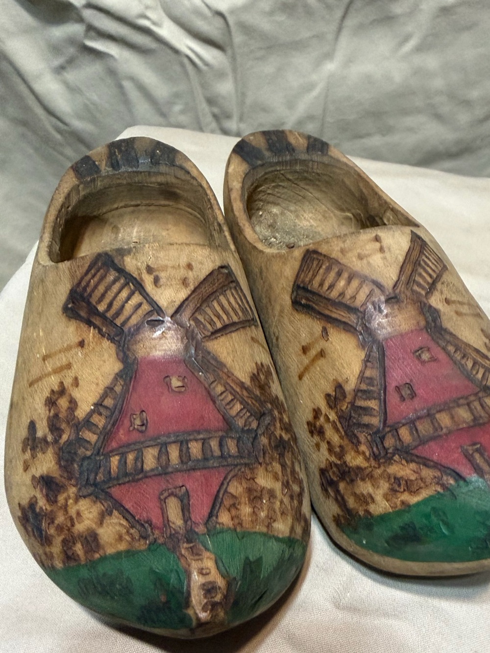 Hand-Painted Wooden Clogs with Red Windmill Motif